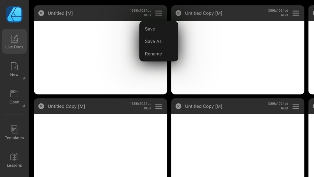 Affinity Designer 2 のハンバーガーメニューには Duplicate（複製）はない