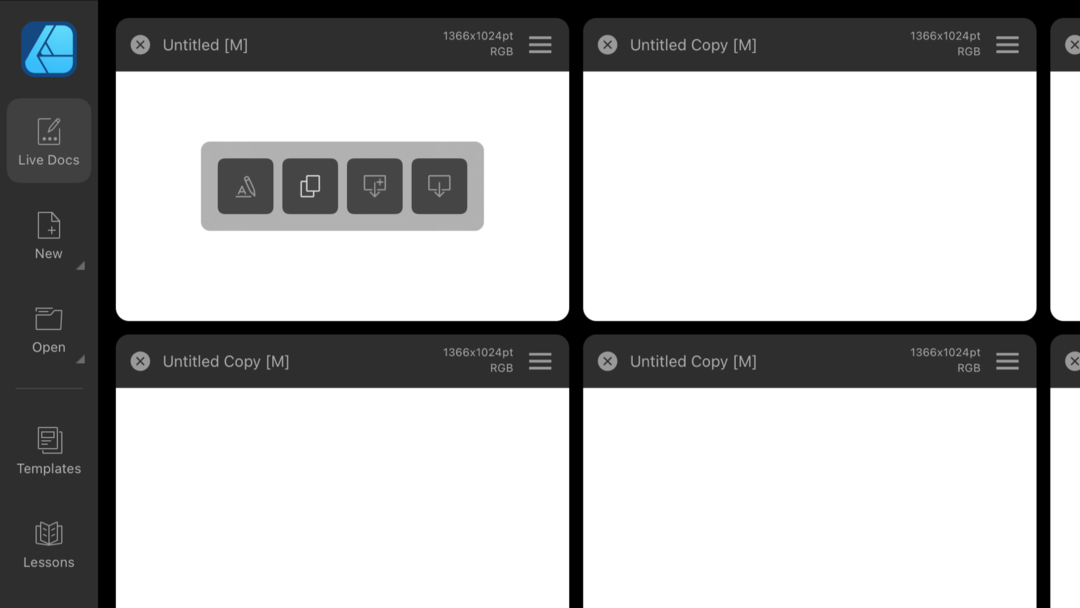 Affinity Designer 2 では、ドキュメントを左にスワイプするとメニューが出てきて複製できる