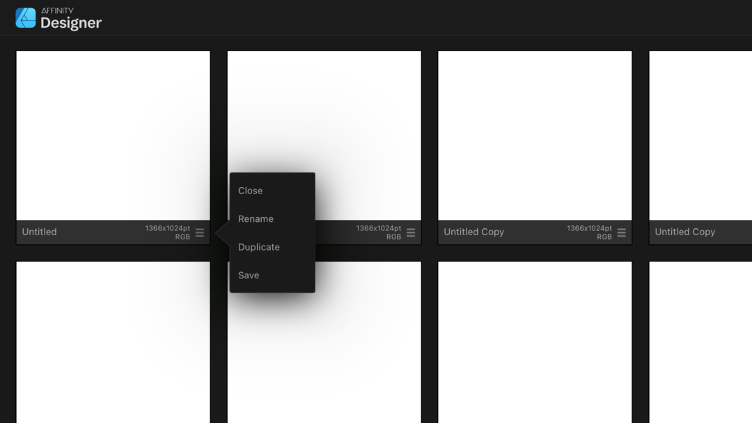 Affinity Designer Ver. 1 では、ハンバーガーメニューに Duplicate オプションが存在